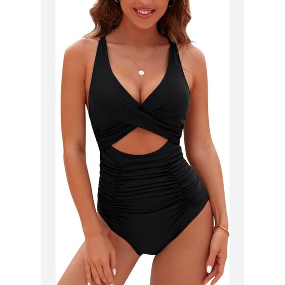 Womens Large Black Crisscross Ruched One-Piece Swimsuit Adjustable Straps Cutout - Picture 1 of 11